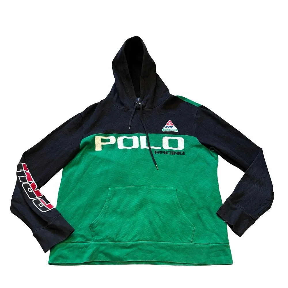 Polo‎ Ralph Lauren Racing Hoodie Mens Large Green Black Colorblock Sweatshirt 92
